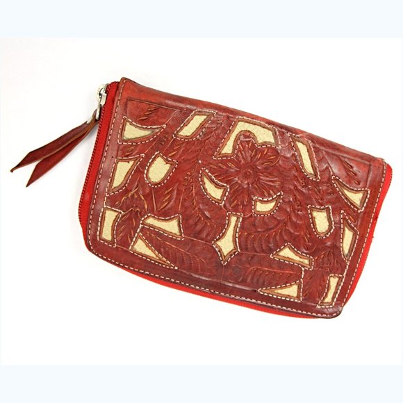 Leathers in Leather Floral Embossed Cut Out Zip Around Wallet Clutch Red Maroon - Picture 1 of 8